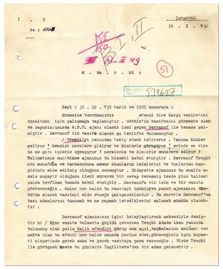 The declassified document from January 16, 1932, reveals the intricate espionage activities surrounding Leon Trotsky. (Photo via X/ @MurattSaribas)