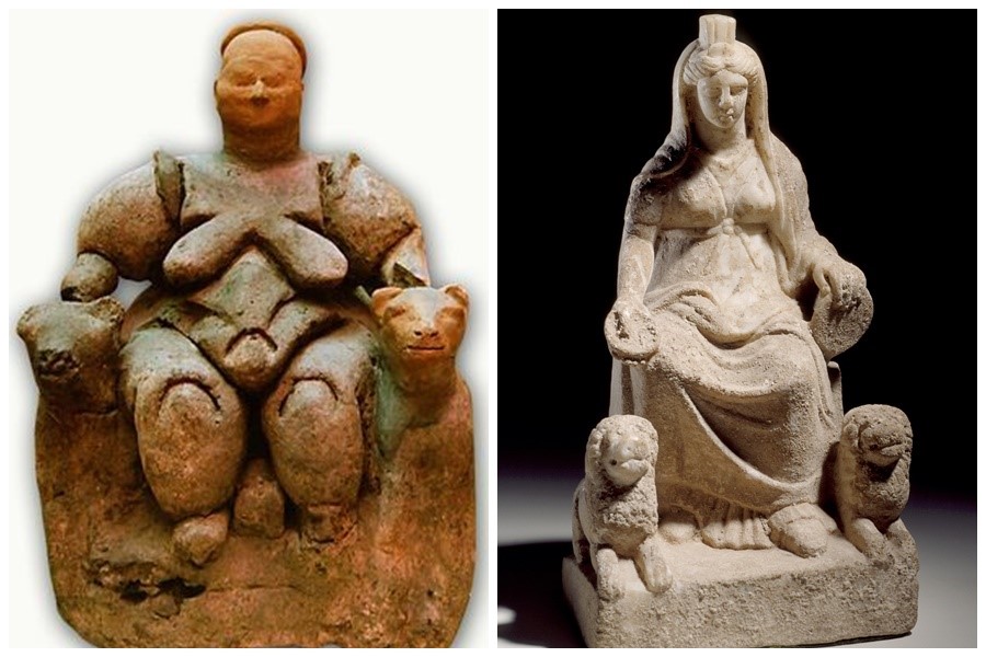 A side-by-side comparison of two Kybele statues, one from the Neolithic period emphasizing fertility with a robust form, and another from later periods showing the goddess seated on a throne with lions, Türkiye, Nov. 15, 2018. (Courtesy of WannaArt)