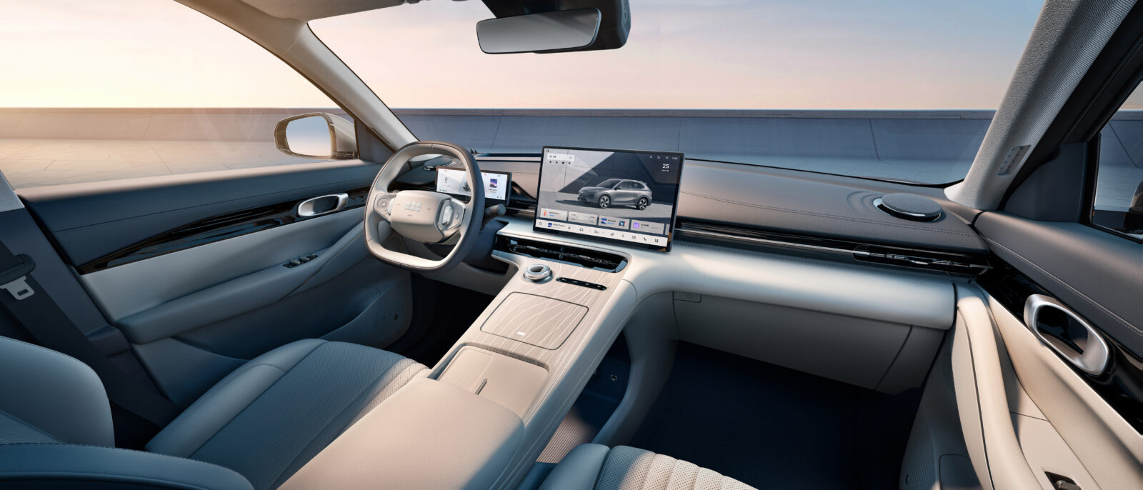 The promotional photo showcases the smart cockpit of a Geely vehicle, featuring an AI-powered infotainment system. (Photo via global.geely.com)