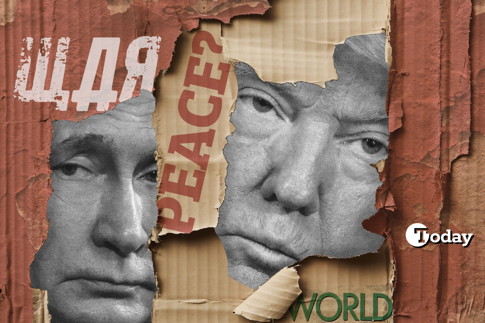 The torn composition of U.S. President Trump and Russian President Putin’s faces, paired with “PEACE?” and “WORLD,” captures global uncertainty. (Collage prepared by Mehmet Akbas)