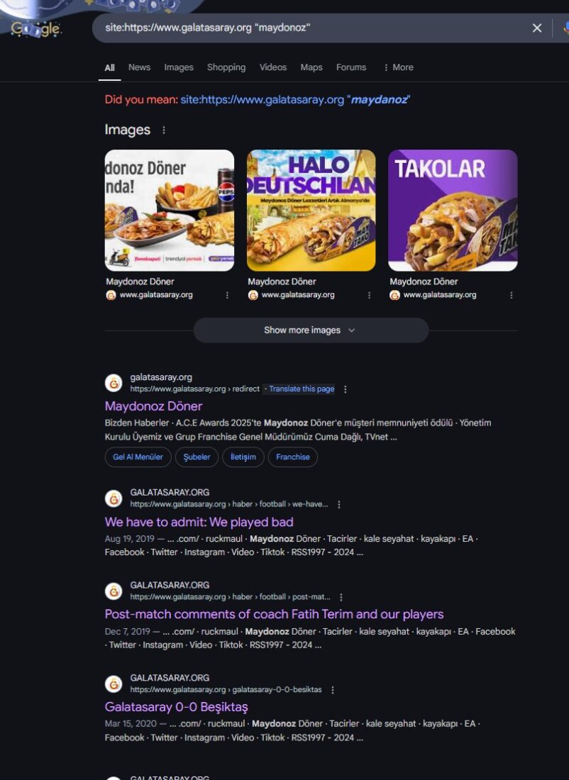 Google search revealing Turkish football club Galatasaray's page including direct links to FETO terror linked Maydonoz Doner, accessed on 21 February, 2025. (Screen captured via Google)