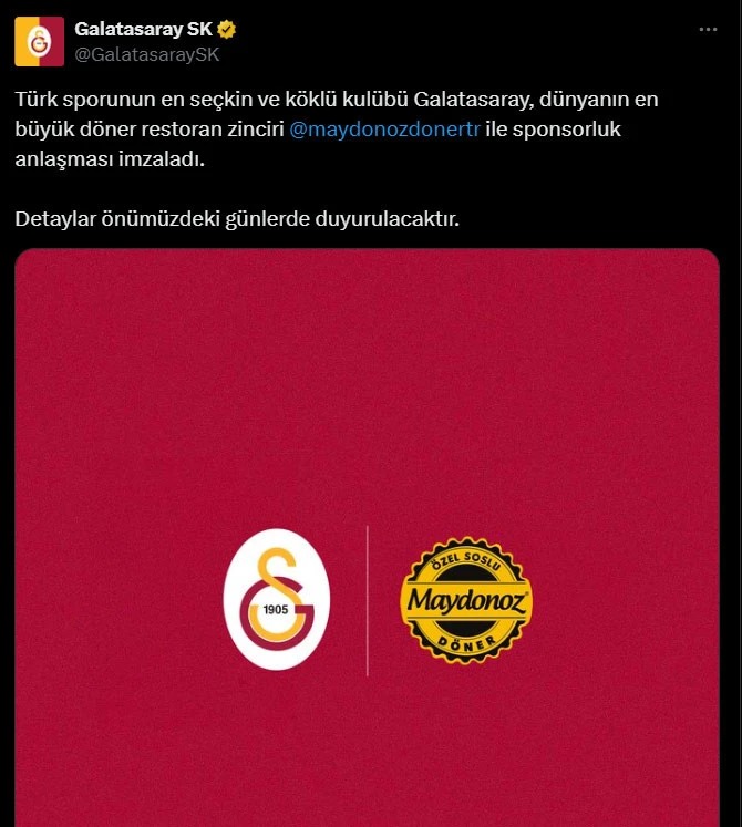 A deleted tweet from Galatasaray's official Twitter account announcing its sponsorship deal with Maydonoz Doner, showing both companies' logos against a red background. The Turkish text declares a partnership between 'Turkish sports' most distinguished and established club' and 'the world's largest doner restaurant chain, accessed on 21 February, 2025. (Photo via X)