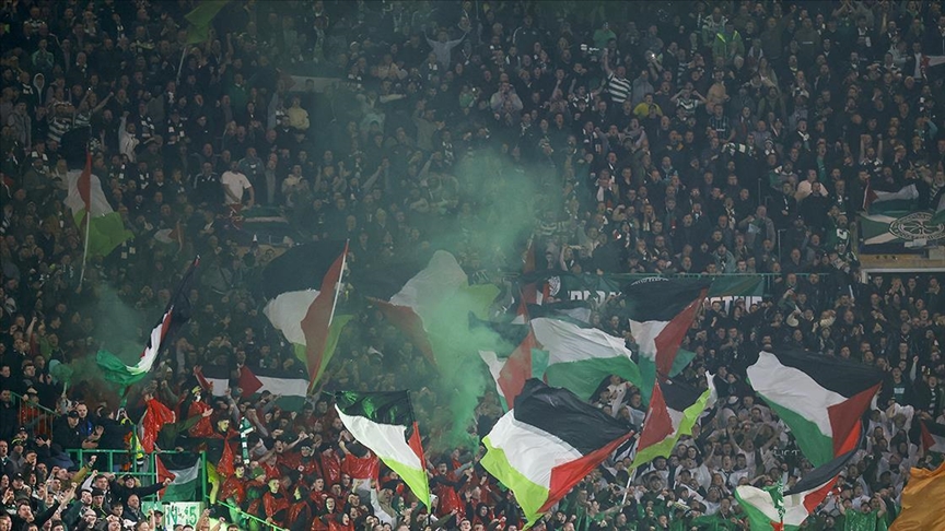 Fans of the Scottish football club Celtic carried on their anti-Israel protests during a UEFA Champions League match against Borussia Dortmund in Germany, Oct. 2, 2024. (AA Photo)