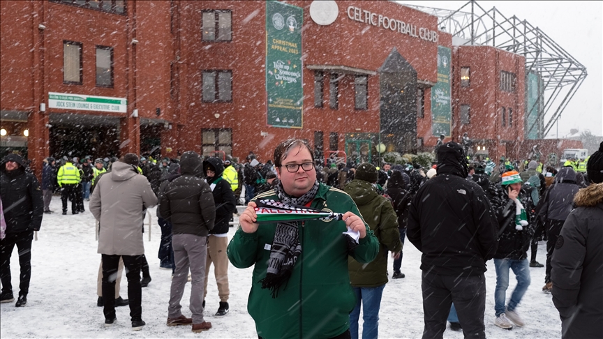 Celtic fans display Palestinian flags across European stadiums in solidarity, Glasgow, Scotland, Feb. 13, 2025. (AA Photo)