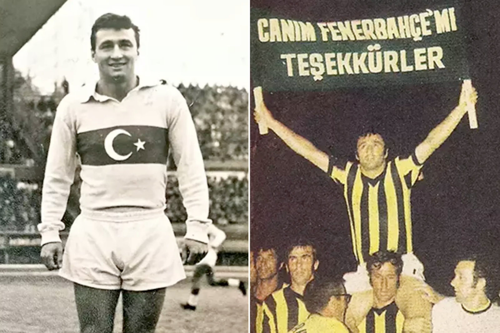 Ogun Altiparmak in the Turkish national team jersey (left) and celebrating a Fenerbahce victory while holding a banner that reads 