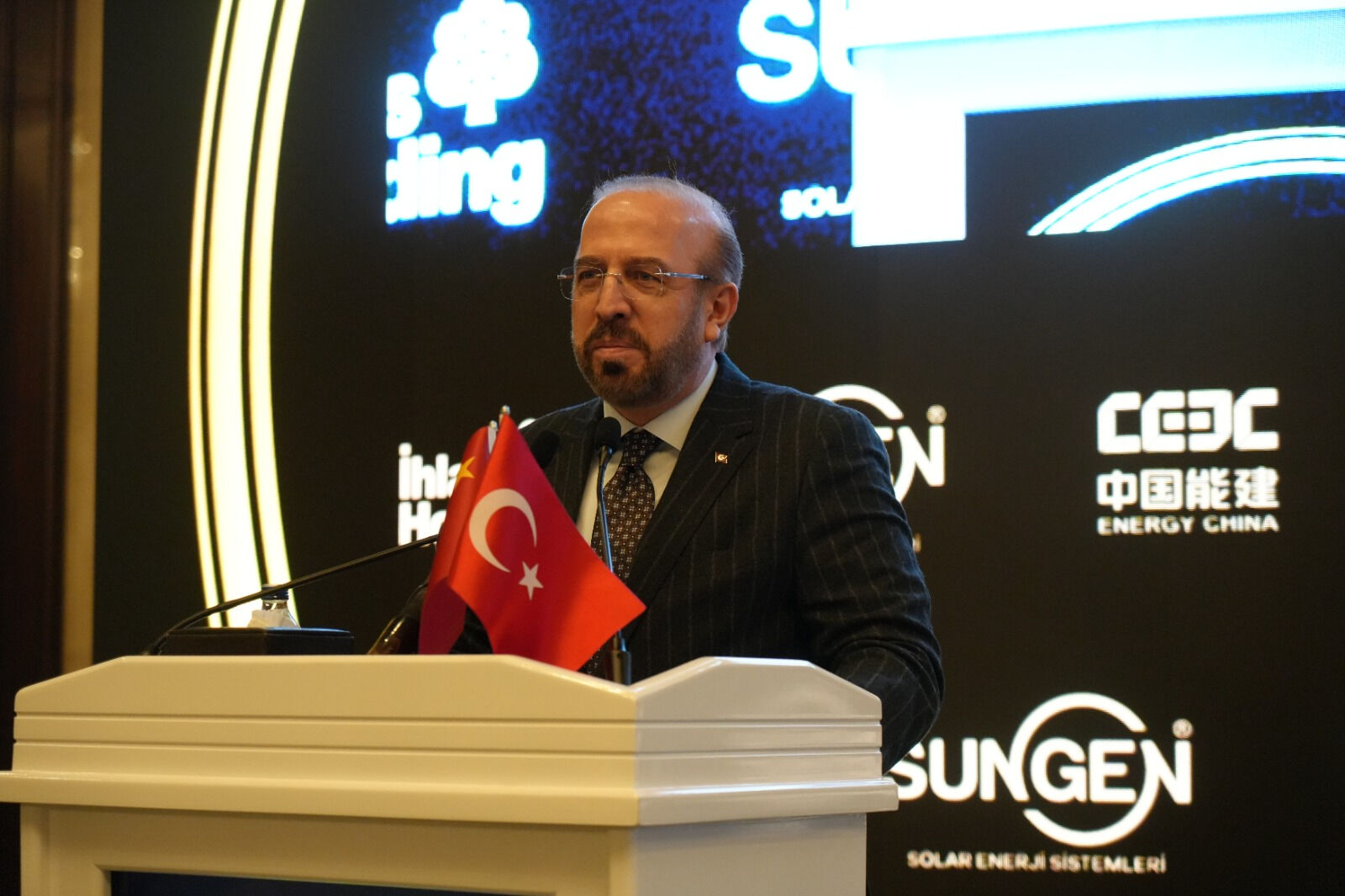 Türkiye’s Deputy Minister of Energy and Natural Resources, Nevzat Satiroglu, delivers a speech at the signing ceremony for the $244 million solar energy production and storage system project, held at Marriott Hotel in Ankara, Türkiye, on Feb. 21, 2025. (Photo via turkiyegazetesi.com.tr)