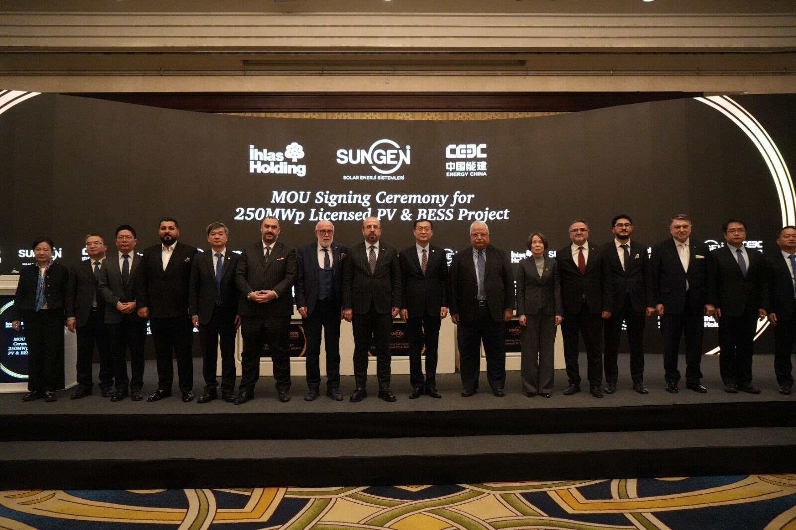 Executives and officials from Ihlas Holding, Sungen Solar, and Energy China gather for the memorandum of understanding signing ceremony for a 250MWp licensed solar energy production and storage system project in Türkiye, in Ankara, Türkiye, on Feb. 21, 2025. (Photo via turkiyegazetesi.com.tr)