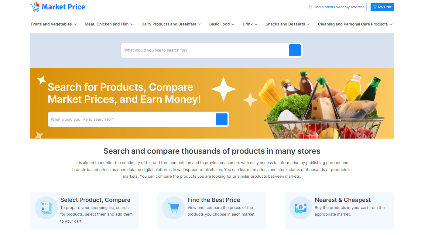A screenshot of the Market Price website (marketfiyati.org.tr), a government-backed platform designed to help consumers compare prices of thousands of products across major supermarket chains in Türkiye. (Screenshot via marketfiyati.org.tr)