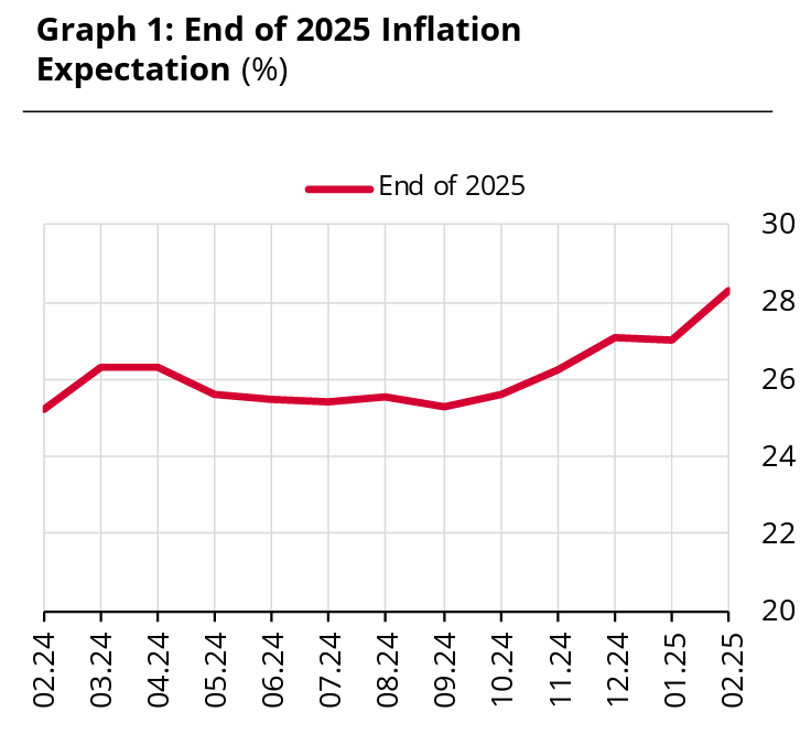 The graph illustrates the upward trend in Türkiye's year-end 2025 inflation expectations, which have increased to 28.30% in February 2024. (Graph via CBRT)