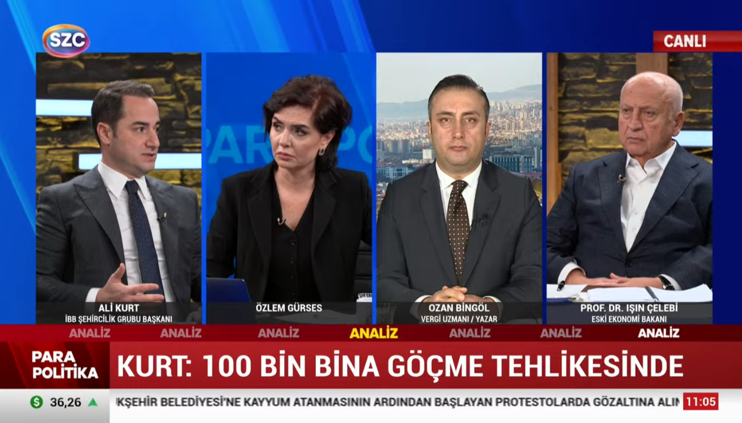 Ali Kurt (L), Head of Istanbul Metropolitan Municipality’s Urban Planning Group, warns that 100,000 buildings in Istanbul are at risk of collapse during a live broadcast. (Photo via Sozcu TV)