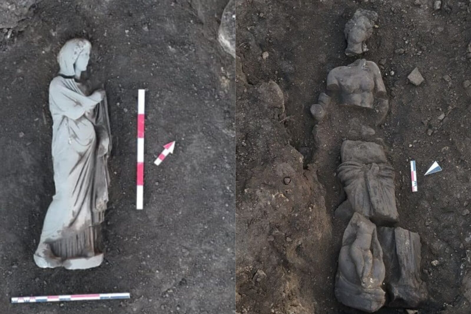 Two of the five statues belonging to different periods were unearthed during archaeological excavations in Türkiye's ancient city of Perge, Feb. 12, 2025. (Photo via Ministry of Culture and Tourism)