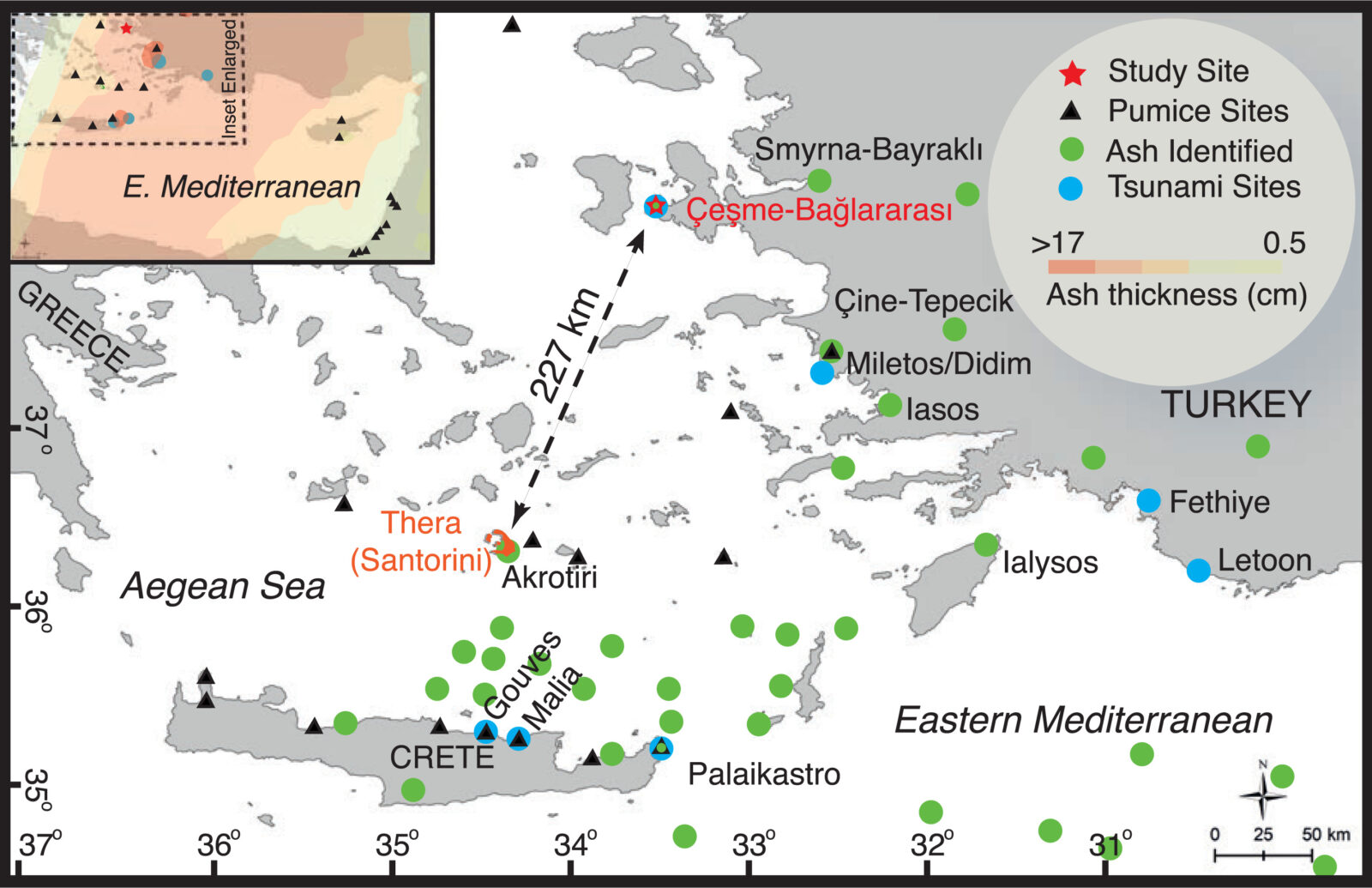 Map of the Aegean and Eastern Mediterranean Seas, highlighting sites with evidence linked to the LBA eruption of Thera (