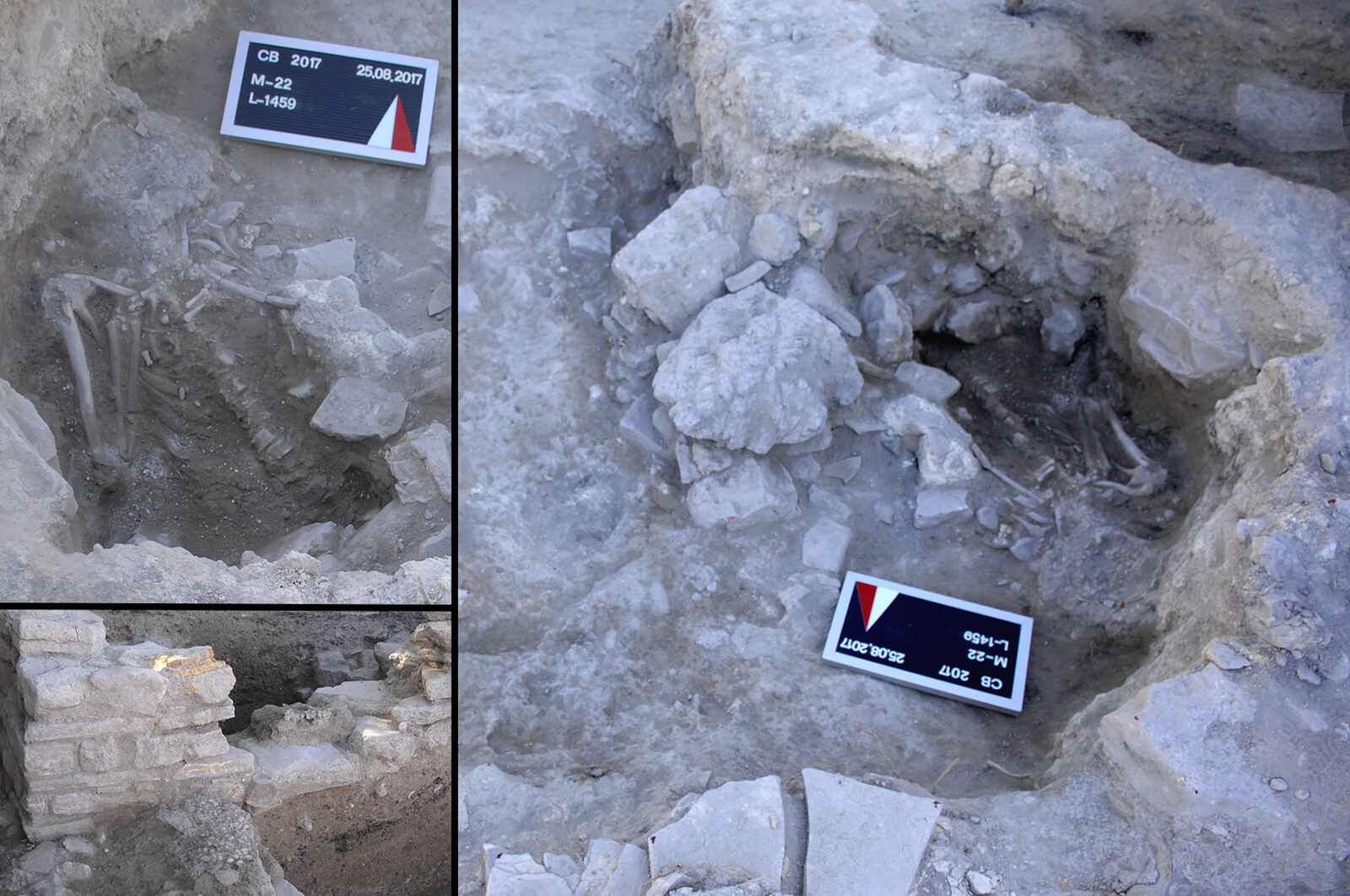 Tsunami debris featuring articulated skeletal remains (R). An articulated human skeleton (top L), an articulated dog skeleton, and a shell-rich muddy patch (bottom L) are also visible within the rubble. (Photo via PNAS)