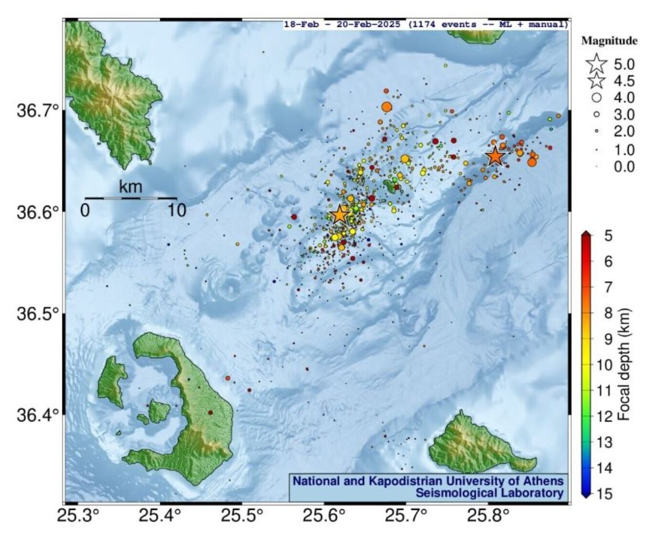 Earthquake distribution map for the Cyclades region (Santorini-Amorgos-Ios) recorded on Feb. 18-19 (analysis with artificial intelligence) and Feb. 20 (daily analysis). (Map via NOA)