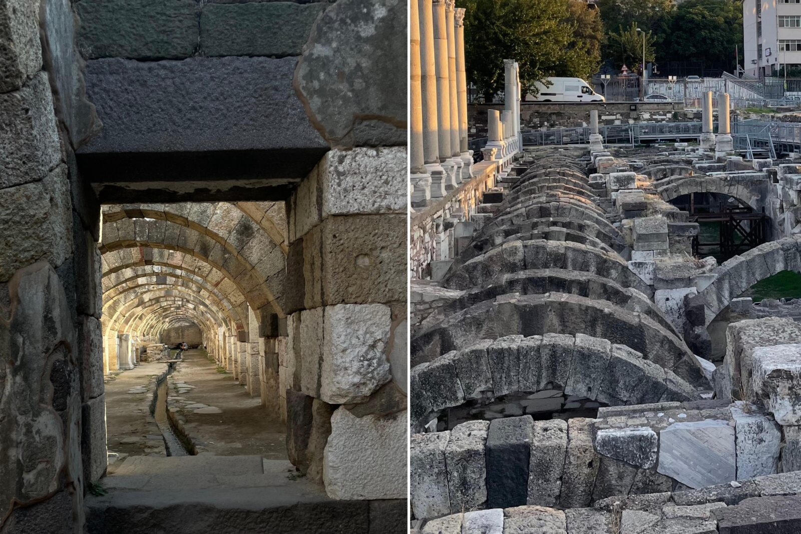 The 2,000-year-old water channels (L) are still in operation and the arches (R) above them in ancient Smyrna, İIzmir, Türkiye. (Photo via Koray Erdogan/Türkiye Today)