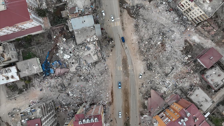 An aerial view of the devastation from the Feb. 6 earthquake shows collapsed buildings and widespread destruction in Gaziantep, Türkiye. (AA Photo)