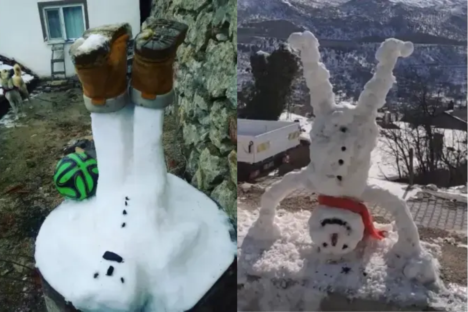 Two snowmen defy gravity, standing on their heads with boots and scarves adding to their charm, Amasya, Türkiye, Feb. 20, 2025. (Courtesy of Objektif Amasya)