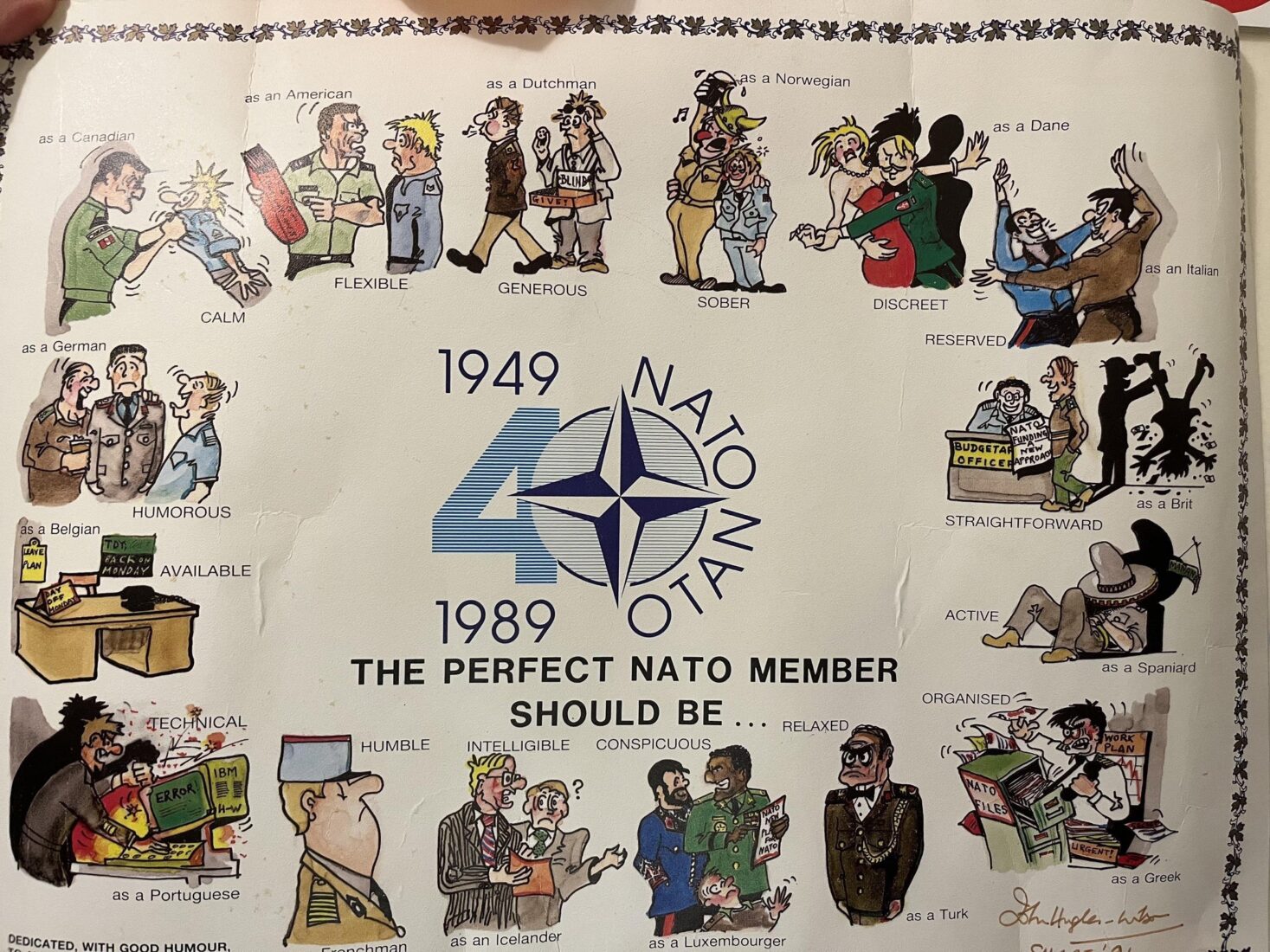 Iconic NATO poster from 1989 poking fun at the various stereotypes of NATO ally countries. Oftern found on various social media channels regarding NATO. (Photo via X)