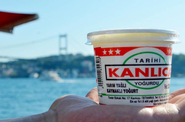 Kanlica Yogurt with a view of the Bosphorus Bridge, Istanbul, Türkiye. (Stock Photo)