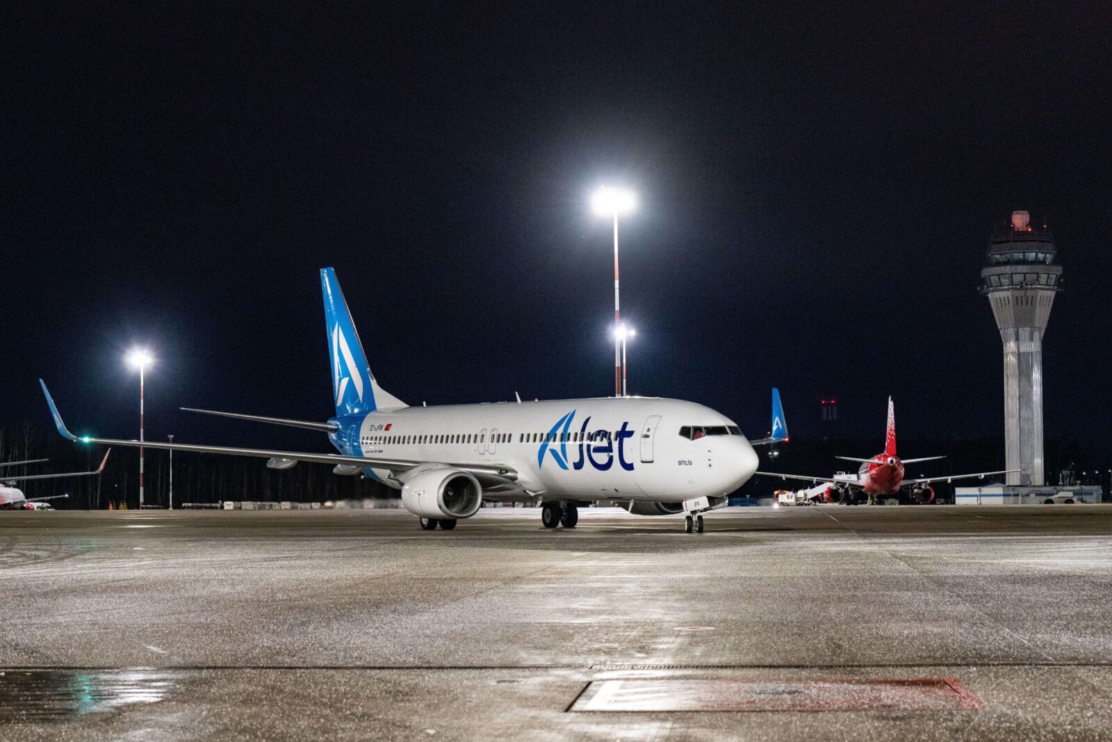 An AJet aircraft is seen on the tarmac at St. Petersburg Pulkovo Airport in St. Petersburg, Russia. (Courtesy of AJet)