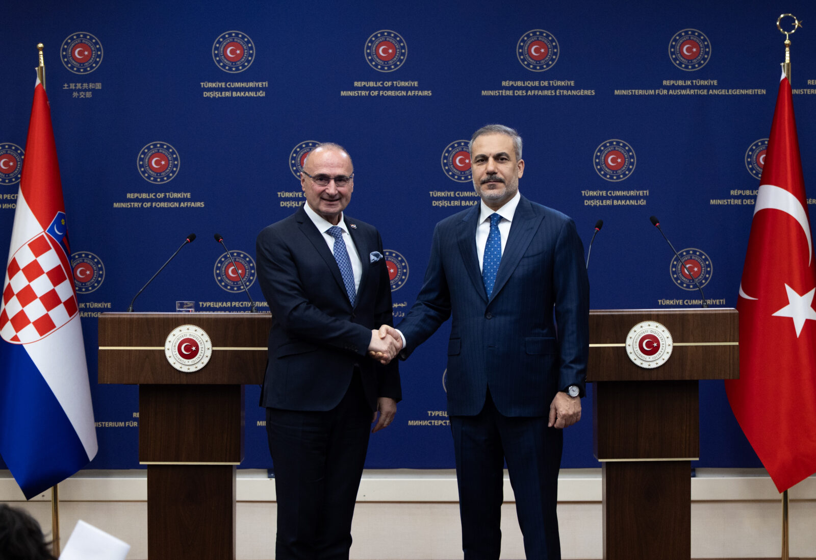 Foreign Minister Hakan Fidan (R) shakes hands with Croatian Foreign and European Affairs Minister Gordan Grlic-Radman (L) following a joint press conference in Ankara, Türkiye, March 6, 2025. (AA Photo)