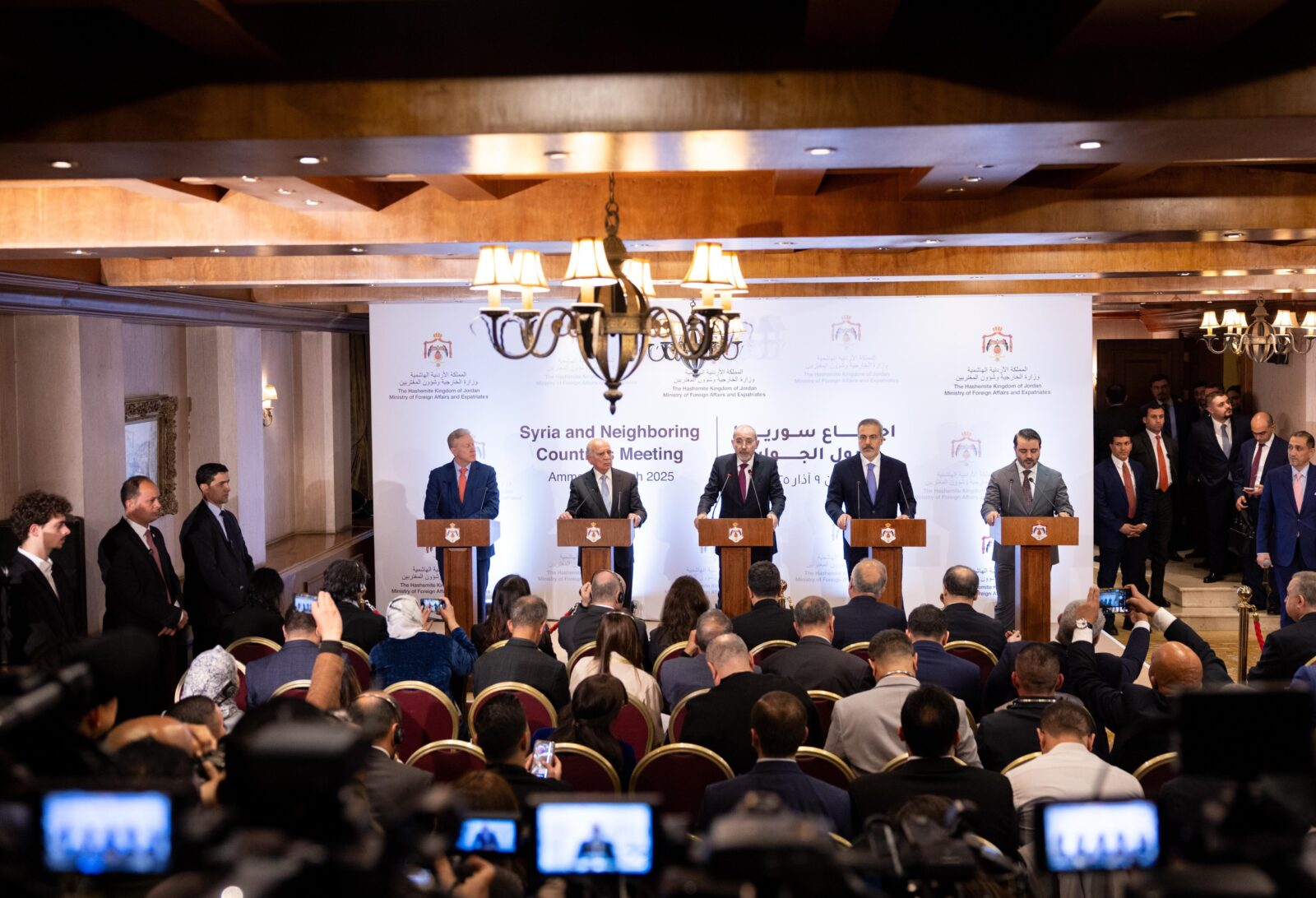 Foreign ministers of Türkiye, Syria, Iraq, Jordan, and Lebanon hold joint press conference after regional meeting with counterparts from five other countries, Amman, Jordan, March 9, 2025. (AA Photo)