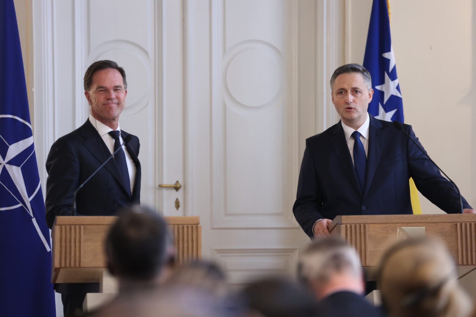 NATO Secretary General Mark Rutte (L) and Bosniak member of the Presidency Council of Bosnia and Herzegovina Denis Becirovic (R) attend a joint press conference with representatives of Bosnia and Herzegovina in Sarajevo, Bosnia and Herzegovina on March 10, 2025 (AA Photo)