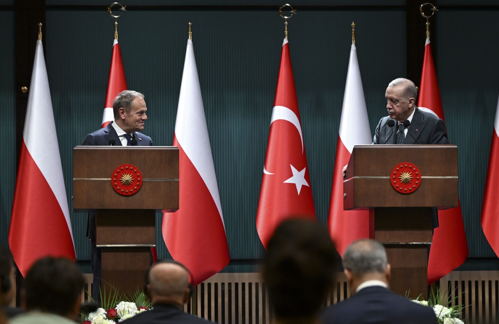 President Recep Tayyip Erdogan (R) and Polish Prime Minister Donald Tusk (L) hold a joint press conference after their meeting at Presidential Complex in Ankara, Türkiye, March 12, 2025. (AA Photo)