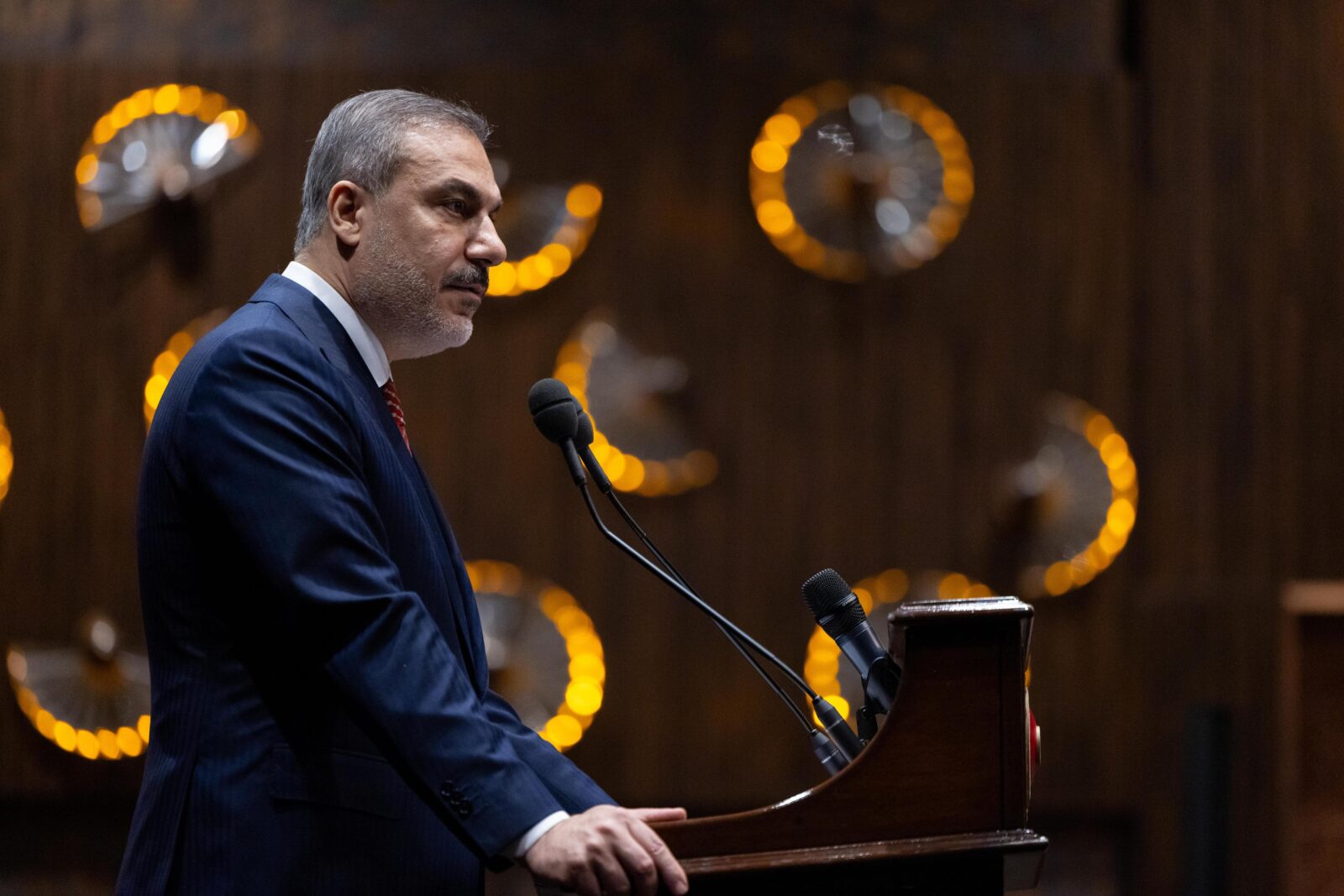Turkish Foreign Minister Hakan Fidan makes a speech during his meeting with ambassadors of the Organization of Islamic Cooperation (OIC) member and observer states, along with representatives of OIC institutions in Türkiye, at an iftar program held at a hotel in Ankara, Türkiye, on March 12, 2025 (AA Photo)