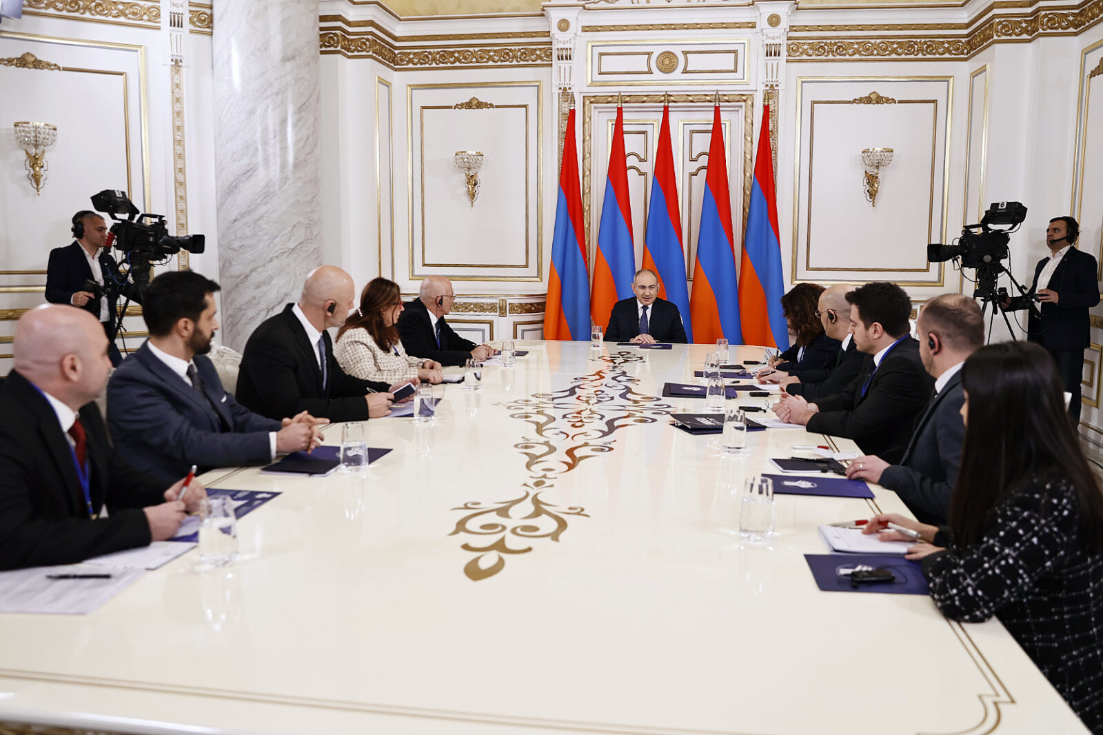 Armenian Prime Minister Pashinyan answers questions from Turkish press members at the Prime Ministry building in Yerevan, Armenia, March 13, 2025. (AA Photo)