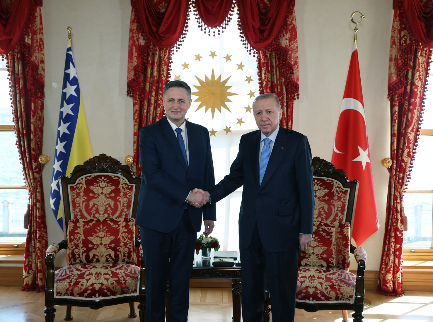 President Recep Tayyip Erdogan receives Denis Becirovic, Member of the Presidency of Bosnia and Herzegovina, at the Dolmabahce Office of the Turkish Presidency in Istanbul, Türkiye, on March 14, 2025. (AA Photo)