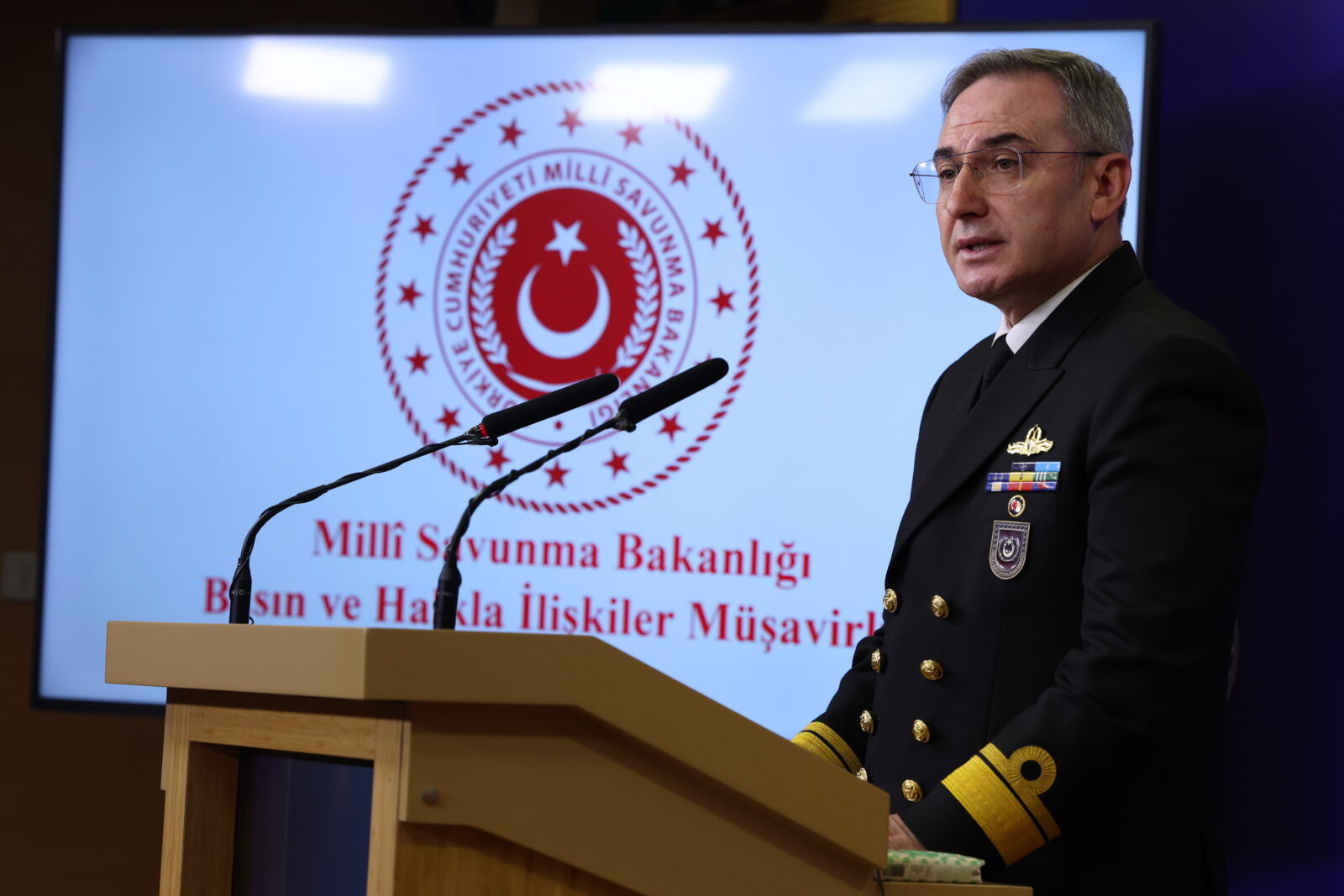 Ministry of National Defense Press and Public Relations Advisor and Ministry Spokesperson Rear Admiral Zeki Akturk held a weekly press briefing at the ministry on March 20, 2025 (AA Photo)