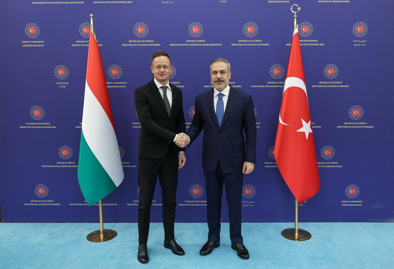 Foreign Minister Hakan Fidan (R) meets with Hungarian Minister of Foreign Affairs and Foreign Trade Peter Szijjarto (L) in Ankara, Türkiye, March 21, 2025. (AA Photo)