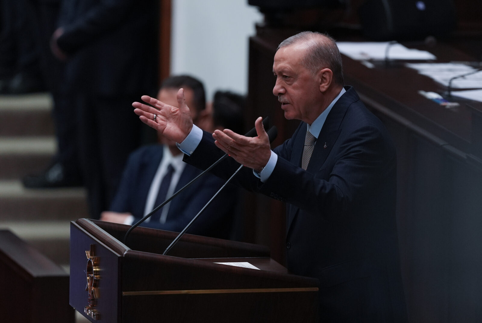 Turkish President and Leader of the Justice and Development (AK) Party Recep Tayyip Erdogan makes a speech during his party's group meeting at the Turkish Grand National Assembly in Ankara, capital of Turkiye on March 26, 2025. (AA Photo)