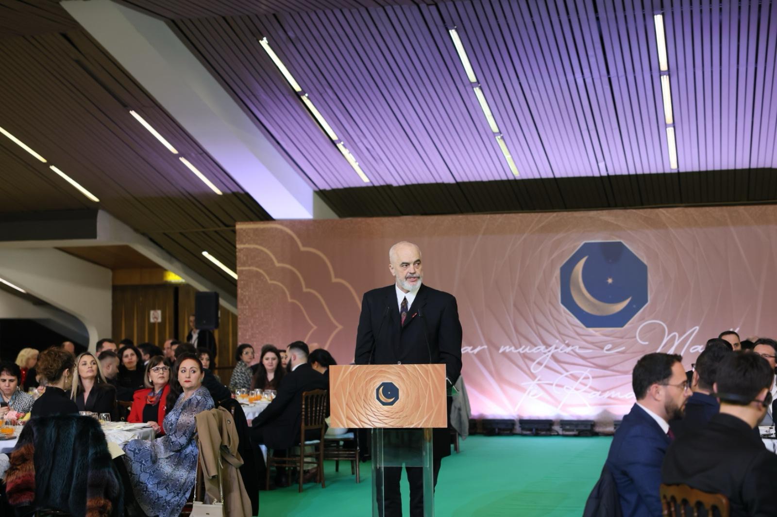TIRANA, ALBANIA - MARCH 28: (----EDITORIAL USE ONLY – MANDATORY CREDIT - " ALBANIAN PRESIDENCY / HANDOUT" - NO MARKETING NO ADVERTISING CAMPAIGNS - DISTRIBUTED AS A SERVICE TO CLIENTS----) President of Albania Edi Rama speaks during an iftar program at the Congress Palace in Tirana, Albania on March 28, 2025. ( Albanian Presidency / Handout - Anadolu Agency )