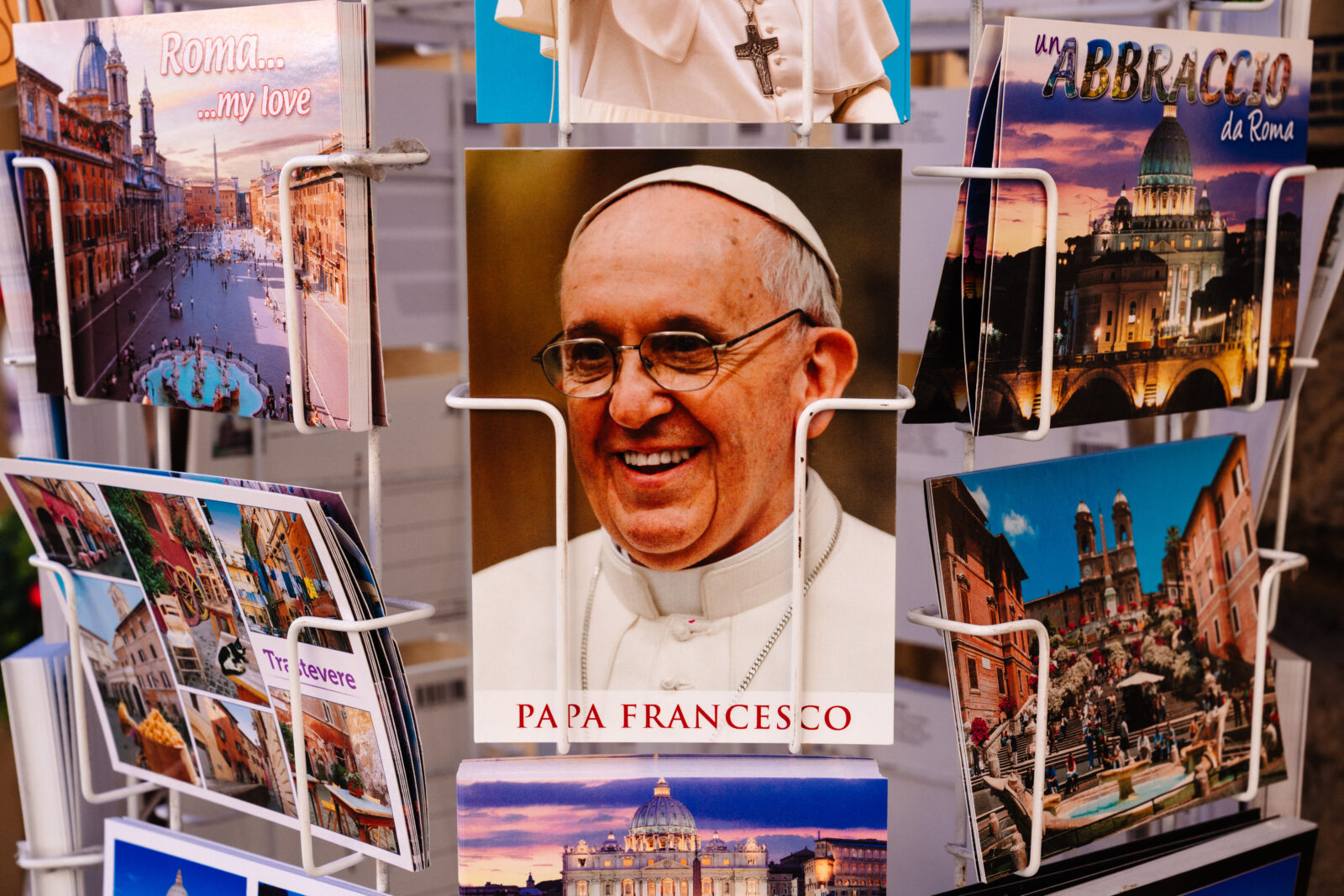 Postcards of Pope Francis are on display at a souvenir shop near the Vatican, March 4, 2025. (AFP Photo)