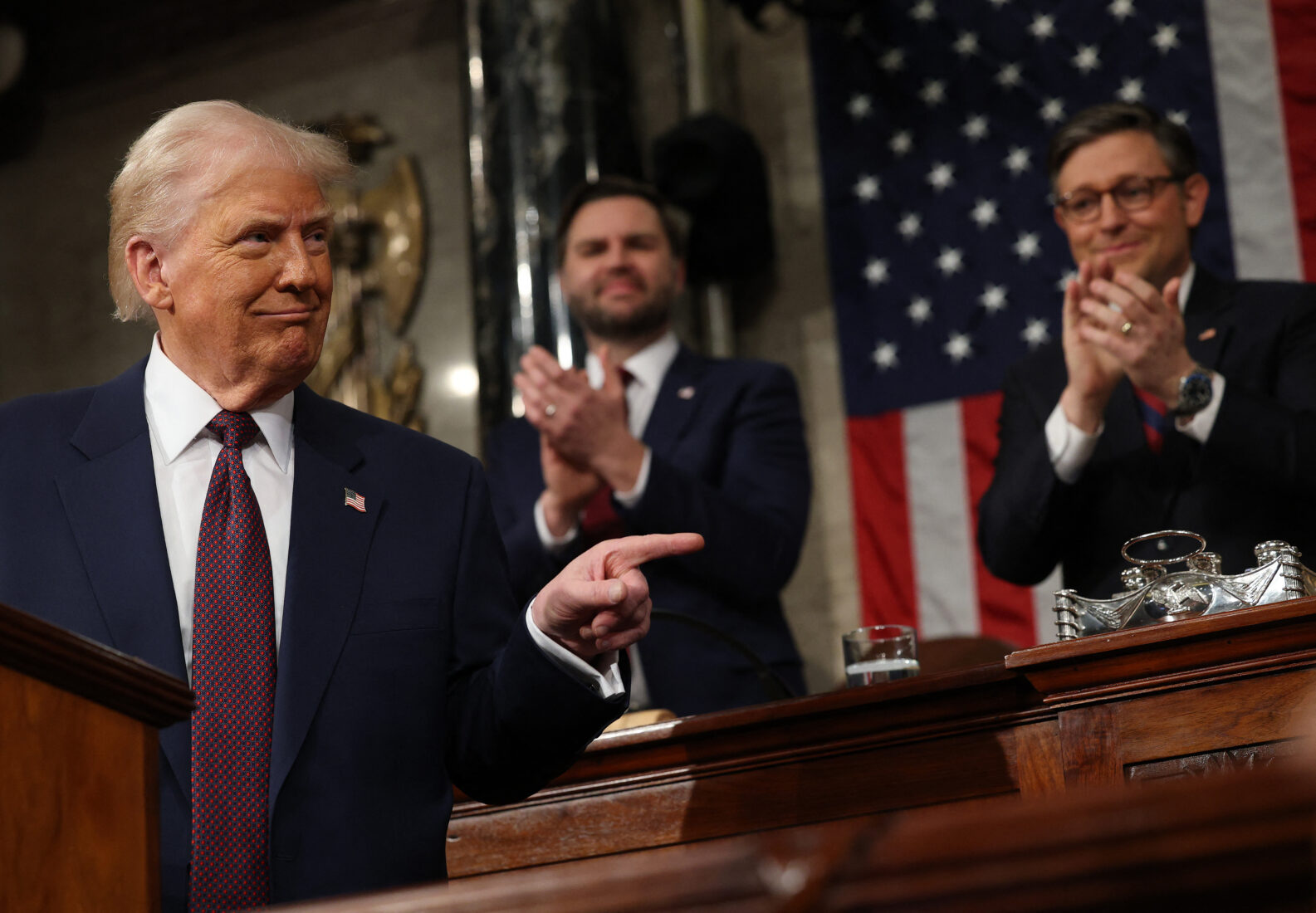 U.S. Vice President JD Vance and Speaker of the House Mike Johnson (R-LA) applaud as U.S. President Donald Trump addresses a joint session of Congress at the U.S. Capitol on Mar. 04, 2025, in Washington, DC. (AFP Photo)