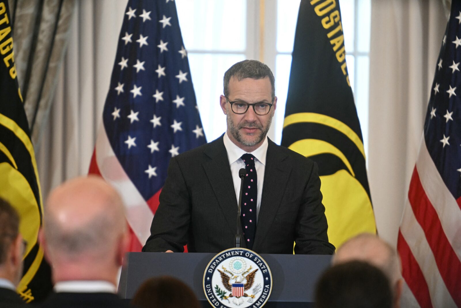 U.S. Envoy for Hostages Adam Boehler speaks during a U.S. hostage and wrongful detainee flag raising ceremony at the State Department in Washington, D.C., March 6, 2025. (AFP Photo)