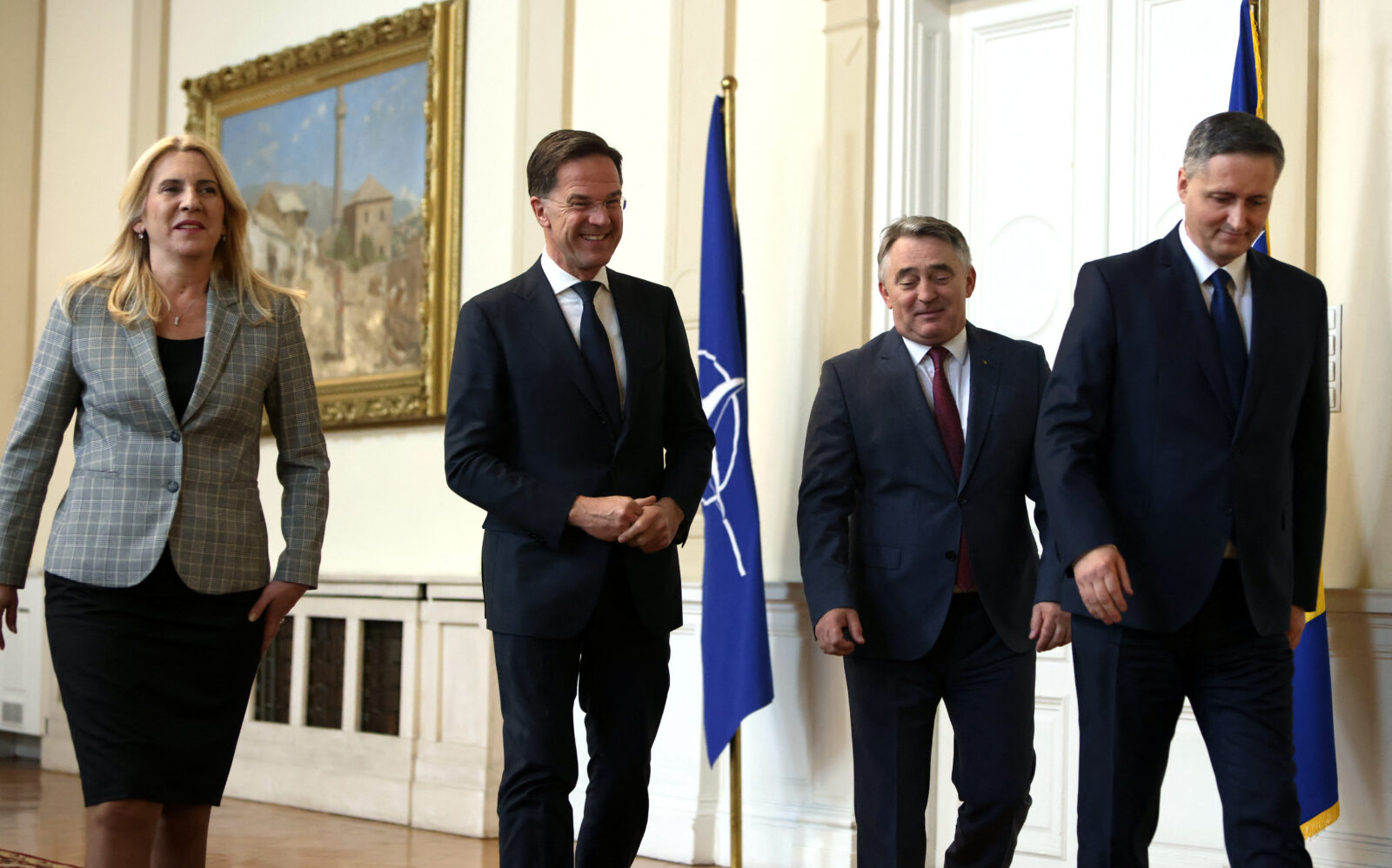 Chair woman of the tripartite Presidency of Bosnia and Herzegovina, Zeljka Cvijanovic (L) flanked by members of the Presidency Zeljko Komsic (2nd R) and Denis Becirovic (R) arrive for a meeting with Secretary General of NATO Mark Rutte in Sarajevo, on March 10, 2025 (AFP Photo)