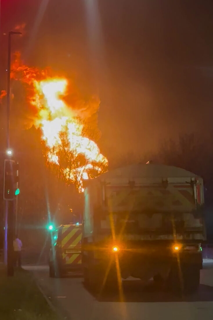 This frame grab taken from a UGC video shot and posted on X on March 21, 2025, by @fire_at_Vill shows a fire burning at a neighborhood electrical substation supplying power to Heathrow Airport in Hayes, west London, U.K., March 21, 2025. (Photo via X/@fire_at_Vill)