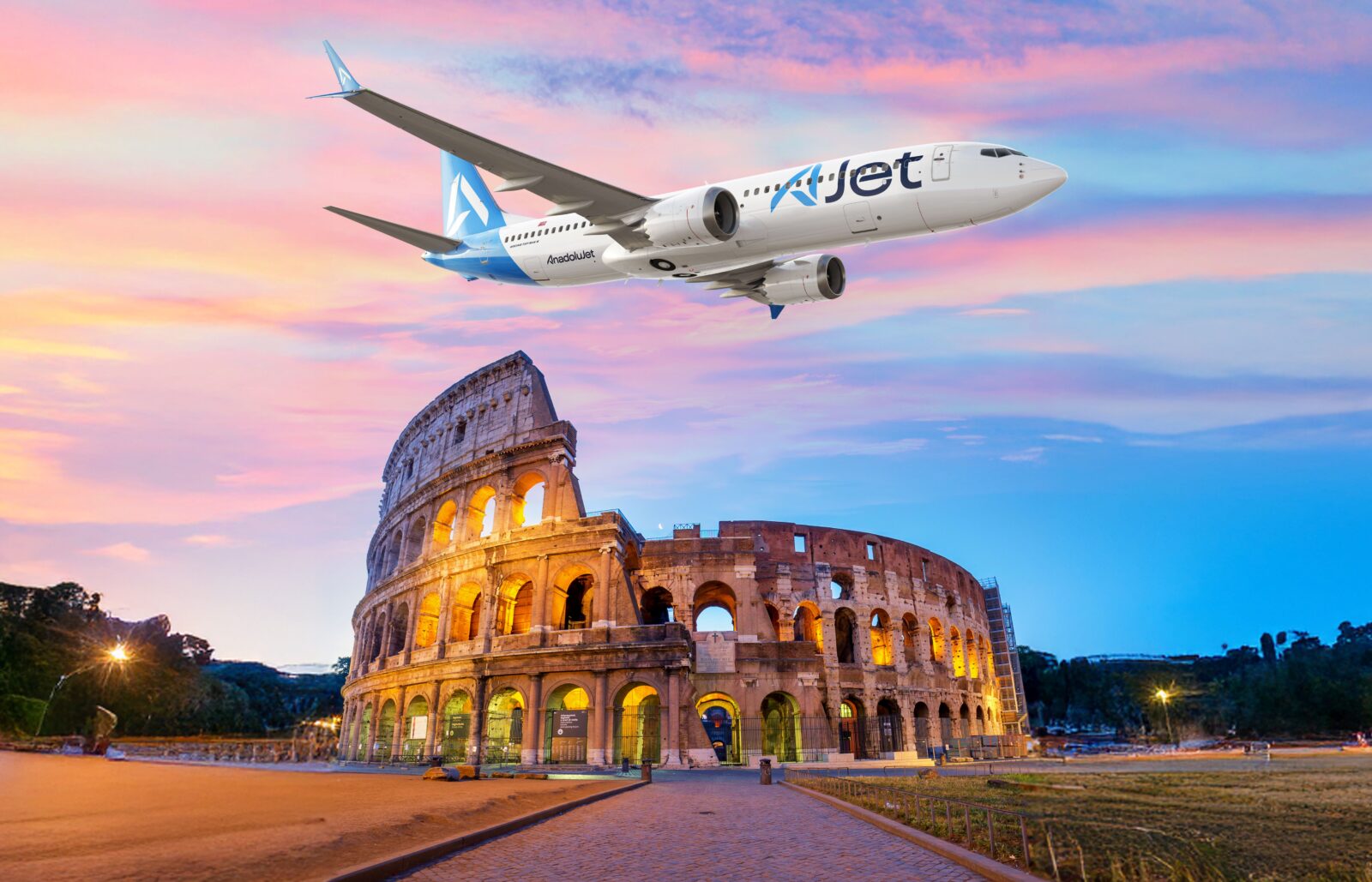 Promotional image shows an AJet aircraft flying over Rome’s iconic Colosseum in Italy, accessed on March 18, 2025. (Courtesy of AJet)