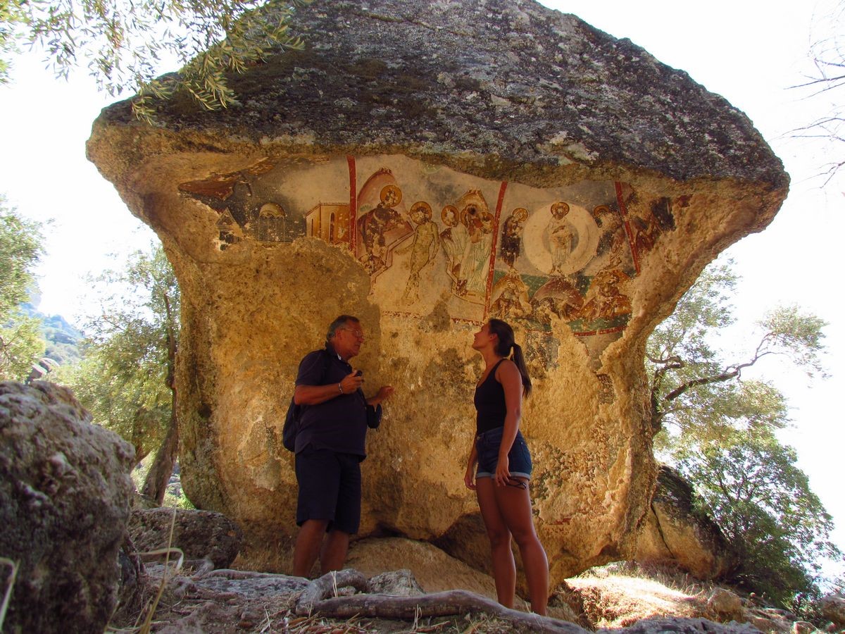 The 1,400-year-old Yediler Monastery in Latmos, which attracts attention with its natural beauty: ancient frescoes and prehistoric rock paintings, Mugla, Türkiye. (IHA Photo)