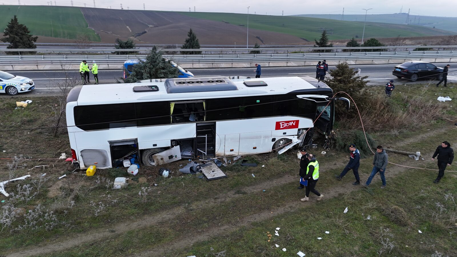 Tour bus returning from Xanthi Carnival in Greece after an accident in Gelibolu, Canakkale, Türkiye, March 3, 2025. (IHA Photo)