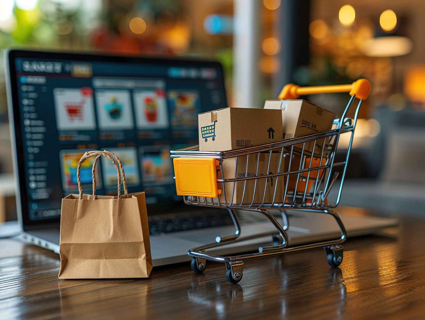 A small shopping cart filled with colorful paper bags and boxes sits on a laptop, symbolizing online shopping convenience. (Adobe Stock Photo)