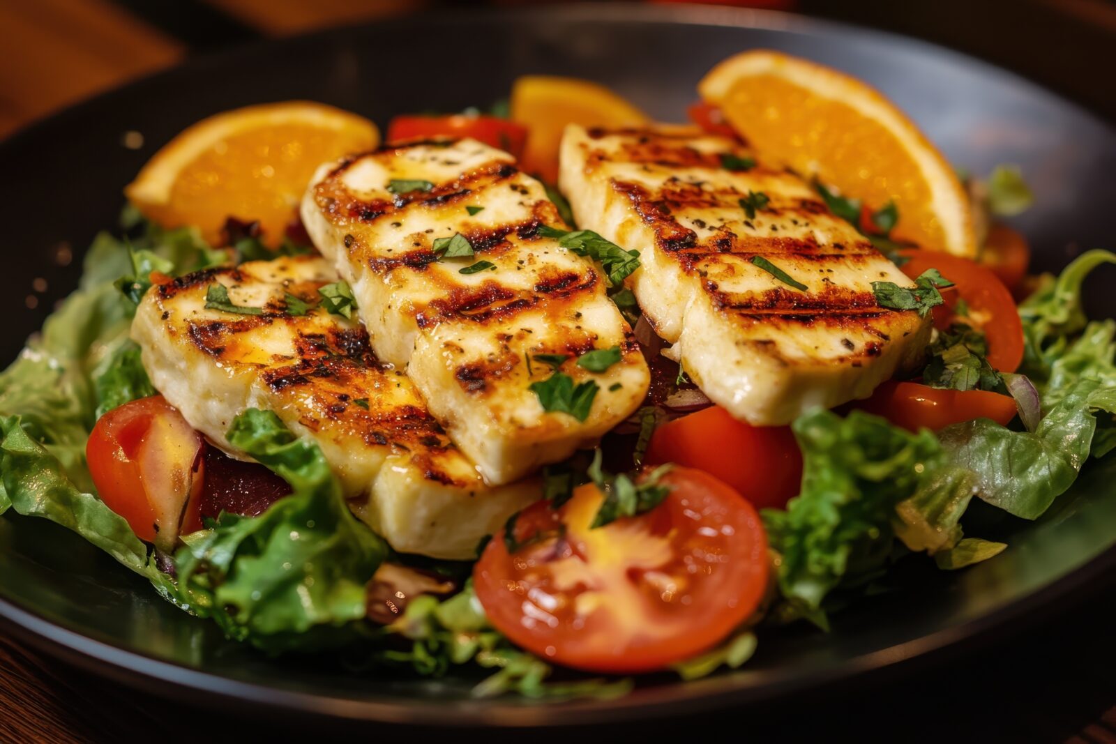 Thick slices of golden grilled halloumi served over a crisp salad with fresh tomatoes, lettuce, and oranges, drizzled with a touch of honey to balance the salt and create a bold appetizer. (Adobe Stock Photo)