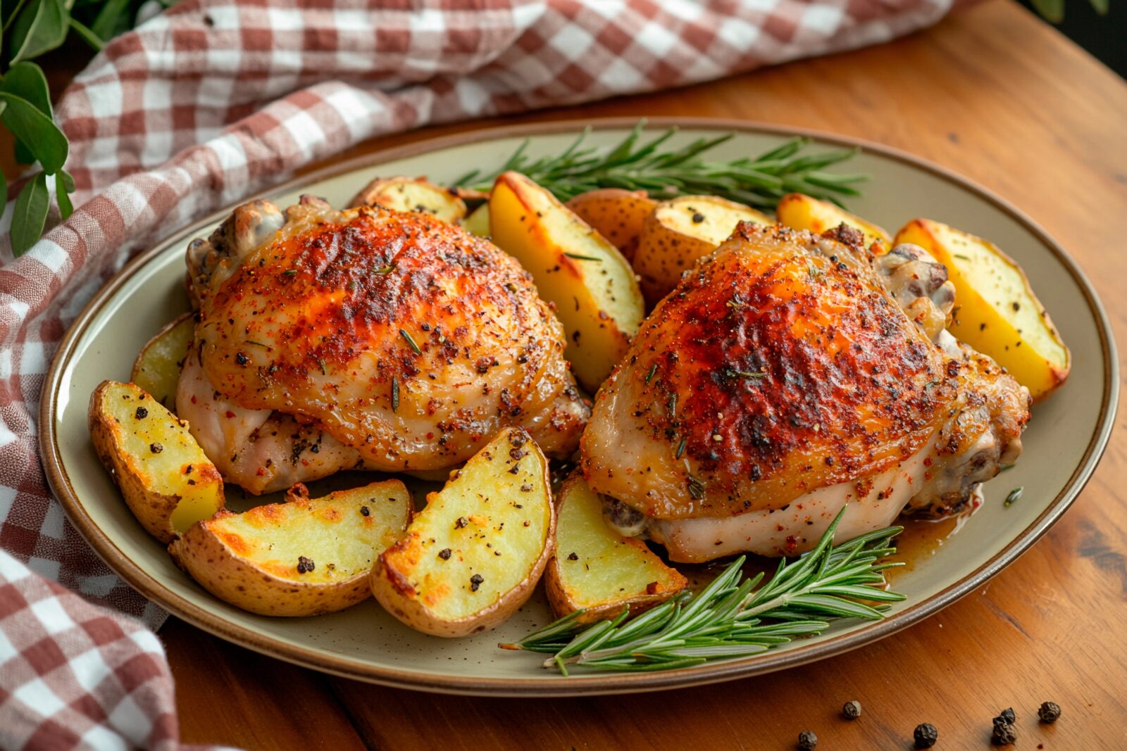 Oven-roasted chicken thighs (Firinda Tavuk But) with seasoned potato wedges, perfect as a hearty main dish for iftar. (Adobe Stock Photo)