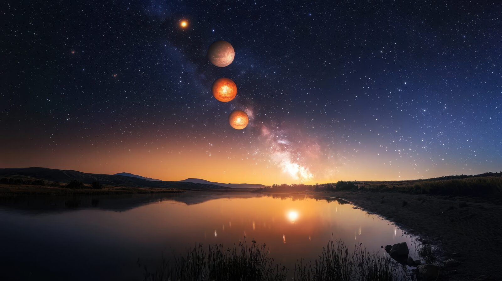 A surreal artistic interpretation of a planetary alignment seen over a calm lake at dawn, blending celestial imagery with an Earthly landscape. (Adobe Stock Photo)