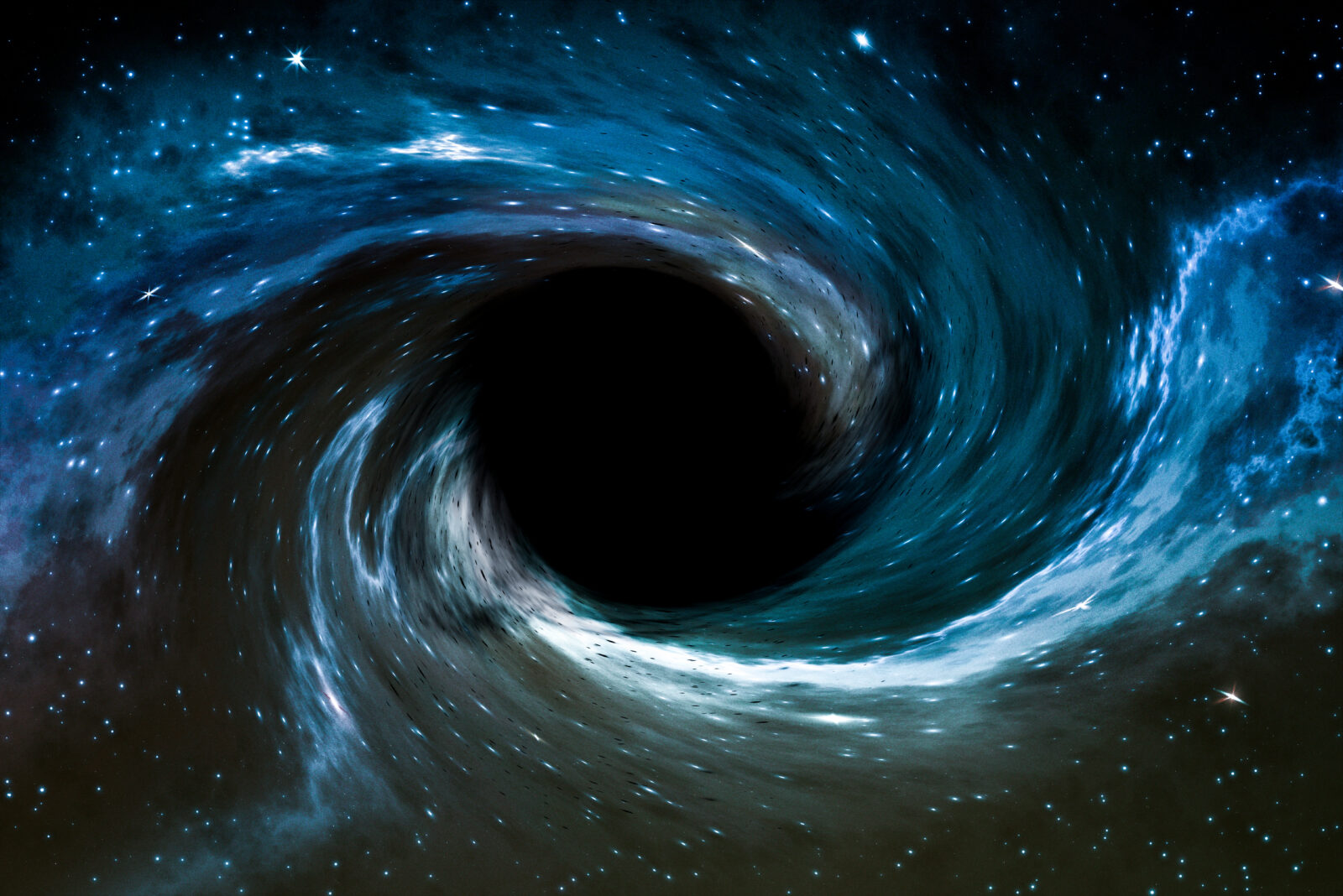 A deep-space black hole with a swirling accretion disk, representing the gravitational pull and energy dynamics predicted by Hawking’s black hole theory. (Adobe Stock Photo)