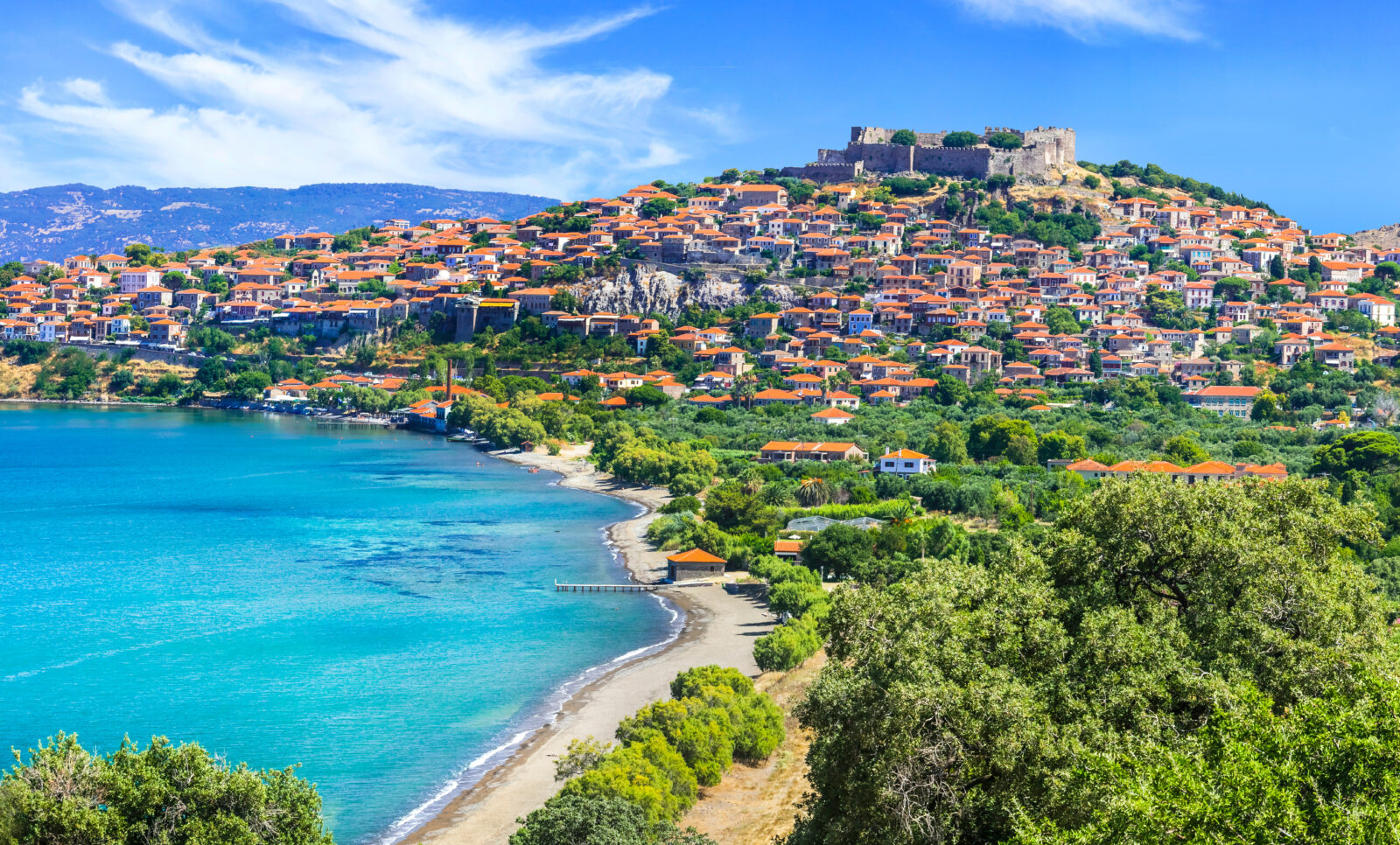 A view of the town of Molyvos on the Greek island of Lesbos, a popular destination among Turkish tourists during the Eid holiday. (Adobe Stock Photo)