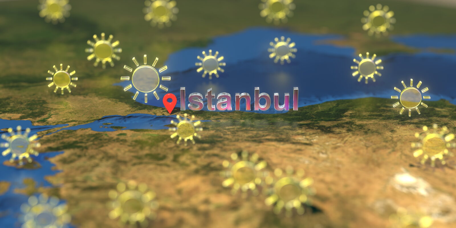 Istanbul city and sunny weather icon on a map, weather forecast. (Adobe Stock Photo)